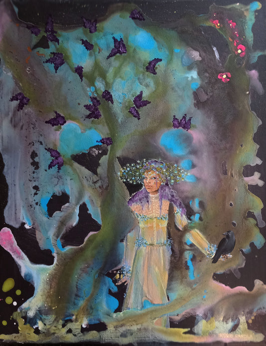 Great Tit and Raven in Magic Forest With Dark Lilac Fairy