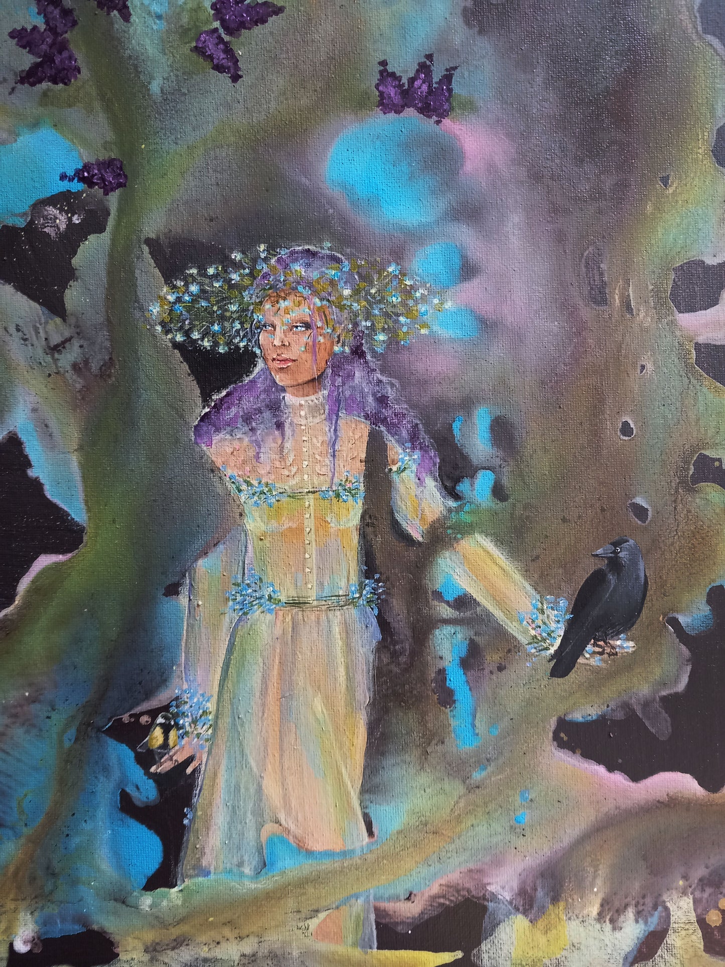 Great Tit and Raven in Magic Forest With Dark Lilac Fairy