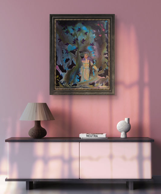 Great Tit and Raven in Magic Forest With Dark Lilac Fairy